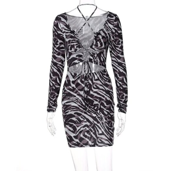 Long Sleeve Zebra cut out tie up dress XS/S - Picture 2 of 4